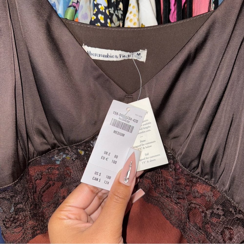 Abercrombie & Fitch Brown Satin Lace Panel Slip Dress Womens Medium New NWT - Picture 11 of 15